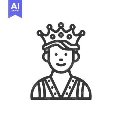 Modern Line Art Icon of a Smiling King with an Ornate Crown
