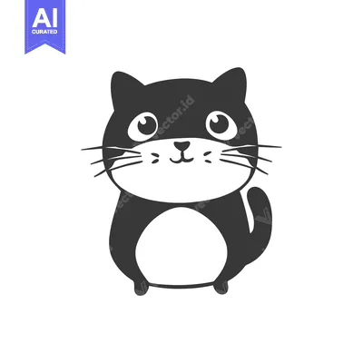A black and white cartoon illustration of a cat with big eyes