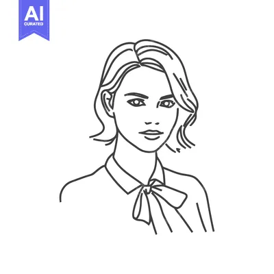 Minimalist Line Art Portrait of a Poised Woman with a Wavy Bob and Pus