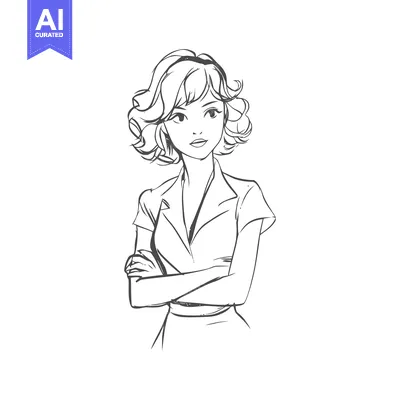 Popular premium asset: Confident Woman with Wavy Hair and Crossed Arms, Expressive Line Art P