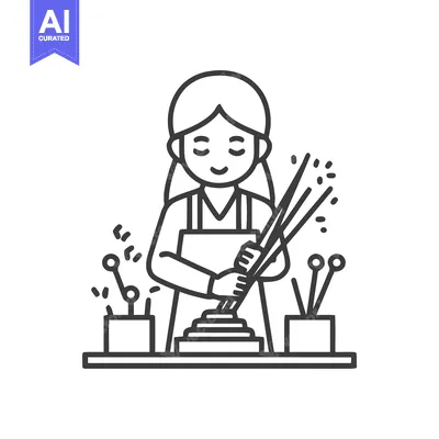 Focused Craftswoman Creating Handmade Incense Sticks, Minimalist Line