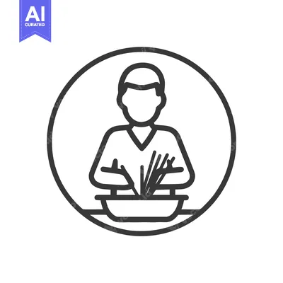 Aset desain premium: Monochrome line icon of a person mixing food in a bowl, framed in a ci