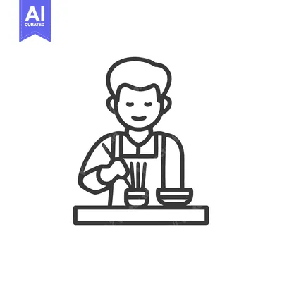 Aset premium populer: Happy Artisan in Apron at a Table, Minimalist Line Art Icon