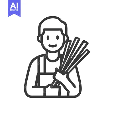 Smiling Worker in Apron Holding a Bundle of Rods, Minimalist Line Art