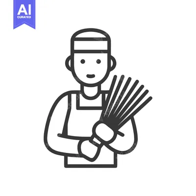 Minimalist Line Icon of a Japanese Chef Holding a Bamboo Chasen Whisk