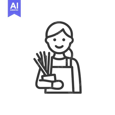 Cheerful Florist with Houseplant, Simple Black Outline Vector Graphic