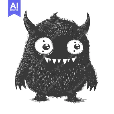A Black and White Cartoon Monster with Big Eyes and Sharp Teeth