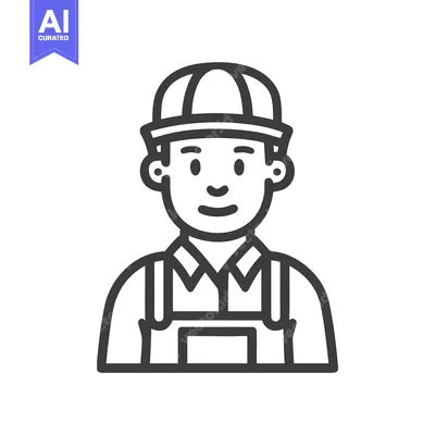Aset premium populer: Friendly Male Builder in Hard Hat and Overalls, Minimalist Line Art Ic