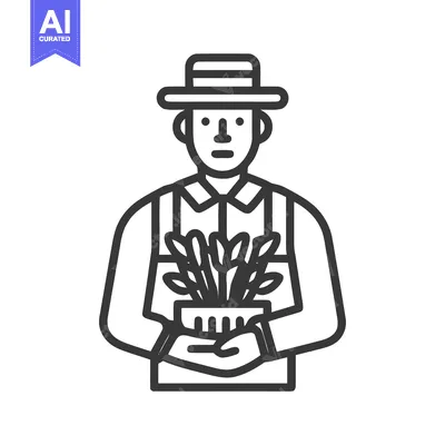 Bold line art icon of a gardener in a hat holding a potted plant.