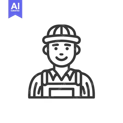 Aset premium populer: Minimalist Line Art Icon of a Smiling Worker in Overalls and Cap