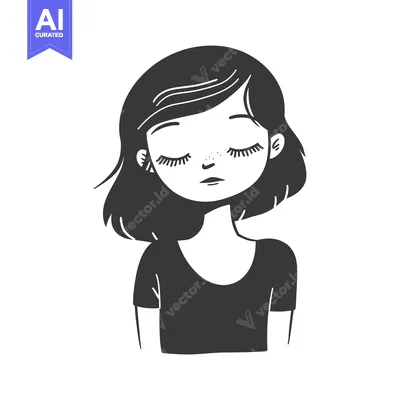 A black and white cartoon of a young woman with her eyes closed