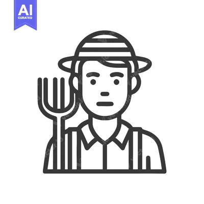 Minimalist Farmer Icon with Pitchfork and Striped Hat Line Art