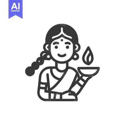 Graceful Indian Woman with Braided Hair Holding a Sacred Diya Lamp Ico