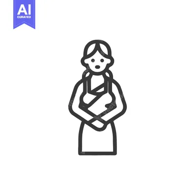 Caring Mother with Braids Holding Infant, Minimalist Outline Icon