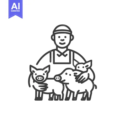 Smiling Farmer Cradling Three Happy Piglets Line Art Icon