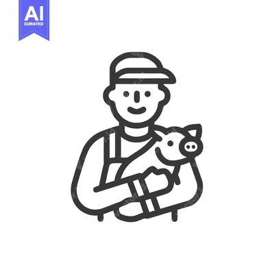 Aset premium populer: Cheerful Farmer in a Cap Cuddling a Happy Piglet Line Art Icon