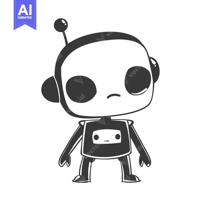 A Black and White Cartoon Robot with Large Eyes and a Single Antenna