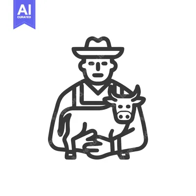Clean Line Art Icon: Farmer in Hat and Overalls Gently Holding a Calf,