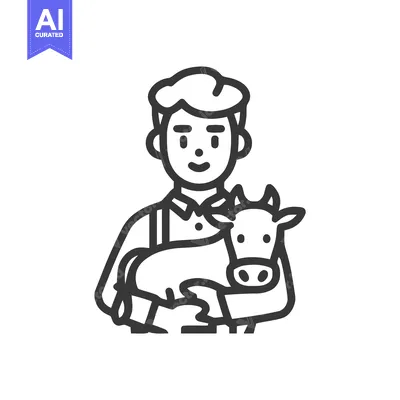 Smiling Farmer Gently Holding a Young Calf, Minimalist Line Art Icon f