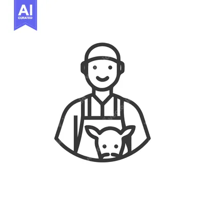 Aset desain premium: Minimalist Line Art Icon of Smiling Farmer or Butcher with Calf, Symbo