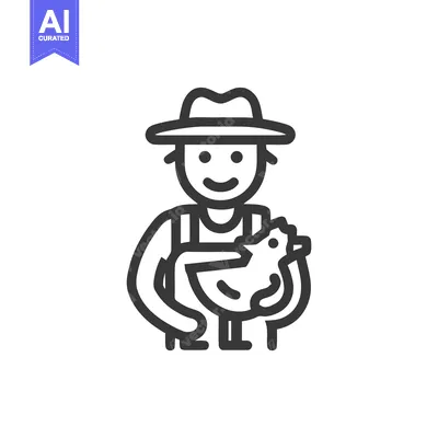 Smiling Farmer in Hat Holding Chicken Minimalist Line Art Icon