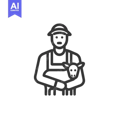 Aset desain premium: Stylized Farmer Holding Lamb Icon: Simple Black Line Art Vector for Ag