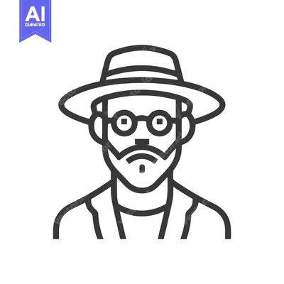 Aset desain premium: Minimalist Line Art Icon of Man with Fedora, Round Glasses, and Goatee