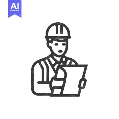 Aset desain premium: Minimalist Line Art Icon of Construction Engineer with Hard Hat and Cl