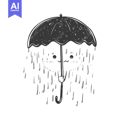 A Black and White Cartoon Umbrella with a Face and Rain
