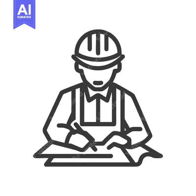 Bold Line Icon of Engineer in Hard Hat Drafting Plans on Paper, Profes