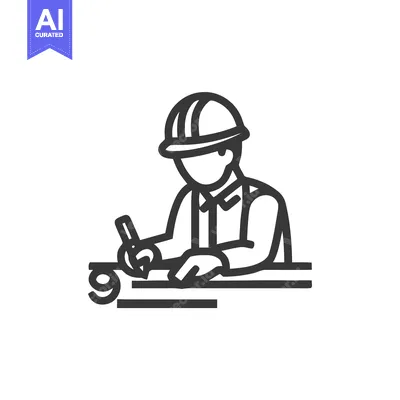 Line Art Icon of Engineer or Architect with Hard Hat Drawing Blueprint