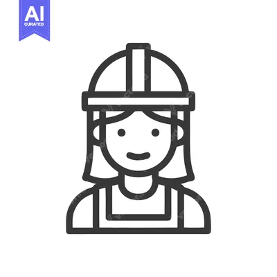 Aset premium populer: Smiling Female Worker Icon with Hard Hat, Minimalist Line Art for Cons