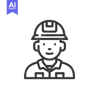 Aset desain premium: Smiling Male Worker Icon with Hard Hat, Minimalist Line Art Design