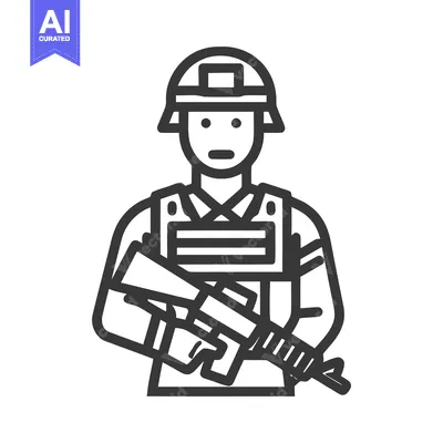 Minimalist Line Art Soldier Icon with Helmet, Body Armor, and Assault