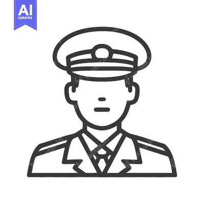 Aset desain premium: Minimalist Line Art Icon of Uniformed Officer with Peaked Cap, Profess
