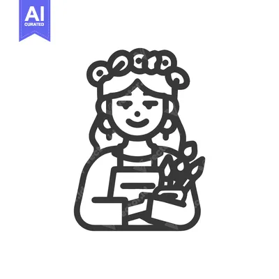 Charming Line Art Icon of Smiling Female Artist with Paintbrushes and