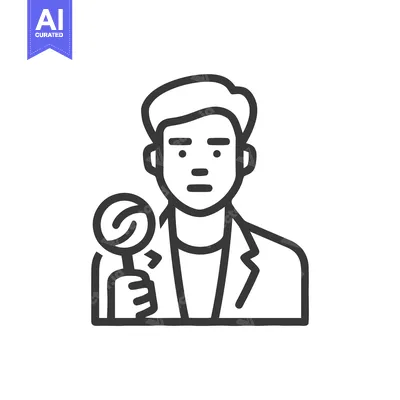 Modern Line Art Icon of Male Figure Holding Microphone for Interview,
