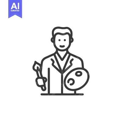 Smiling Artist Line Icon with Paintbrush and Palette, Creative Profess