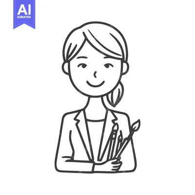Smiling Female Artist Holding Paintbrushes Line Art Illustration, Crea