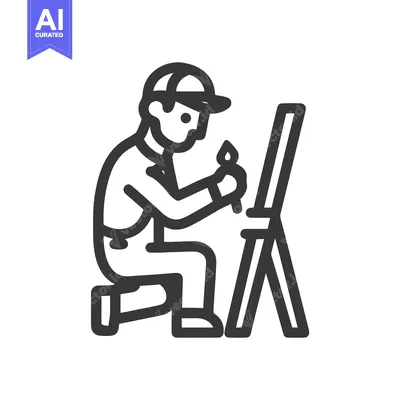 Aset premium populer: Stylized Line Art Icon of a Kneeling Artist Painting on an Easel, Symb