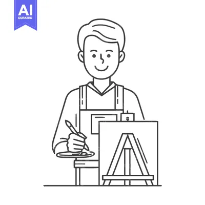 Happy Artist Line Art: Smiling Painter with Brush and Palette at Easel