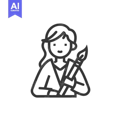 Smiling Female Artist Icon with Paintbrush: Minimalist Line Art for Cr