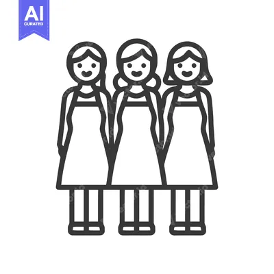 Three Smiling Women in Uniform Dresses, a Minimalist Line Art Icon of