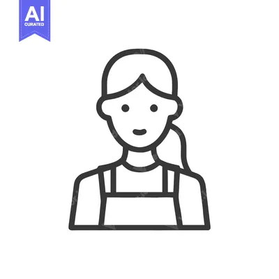 Monochrome Line Art Icon of a Female Worker in an Apron with a Ponytai