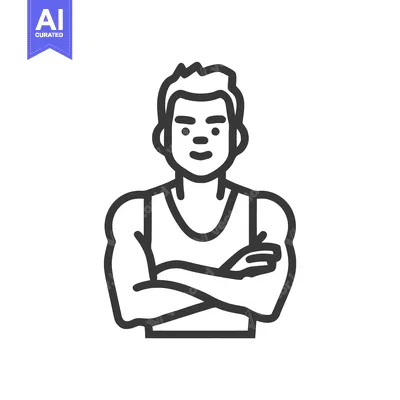 Confident athletic man with crossed arms, a bold minimalist line icon.