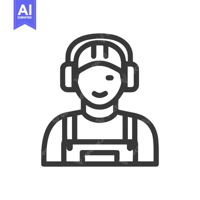 Premium design asset: Friendly Industrial Worker with Hard Hat and Earmuffs Line Art Icon