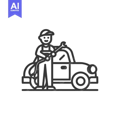 Premium design asset: Cheerful Mechanic in Overalls with Wrench and Classic Car Line Art