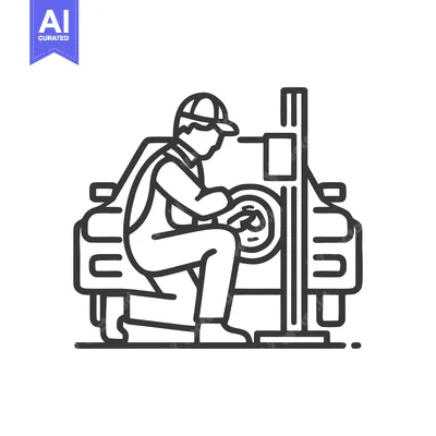 Premium design asset: Skilled Auto Technician Adjusting Car Wheel on Lift, Line Art Icon