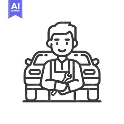 Aset premium populer: Confident Auto Mechanic with Wrench, Minimalist Line Art Icon