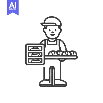 Smiling Baker Character with Fresh Bread Trays Minimalist Line Art Ico
